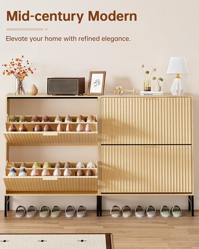 Shoe Cabinet, Fluted Shoe Cabinet Storage for Entryway with 2 Flip Drawers, Hidden Wooden Shoe Organizer with Metal Leg, Mid-Century Modern Narrow Shoe Rack for Hallway, Living Room (Nature)