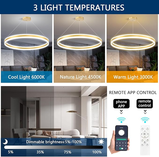 D31.5'' Modern Ring Chandelier for Dining Room LED Dimmable Pendant Lighting High Ceiling Chandelier for Living Room Foyer Bedroom Entryway 3000K-6000K Gold