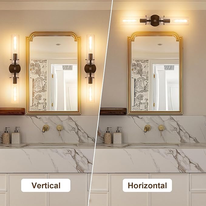 Brass Bronze 2-Light Knurled Wall Sconce, Dual-Head Vanity Lamp with Clear Glass Tube, Bathroom Wall Sconces, Wall Lights for Living Room Bedroom Hallway Kitchen Bathroom Mirror