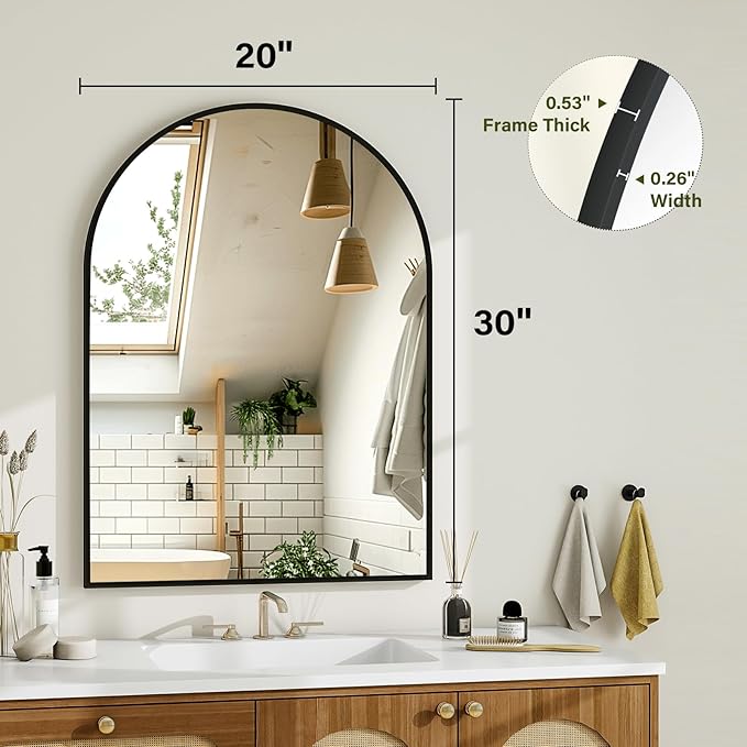Arch Bathroom Mirror, 20x30 inch Arched Bathroom Mirror/Wall Mounted Vanity Mirror - Arch Metal Frame Wall Mirror for Bathroom Bedroom Living Room, Black