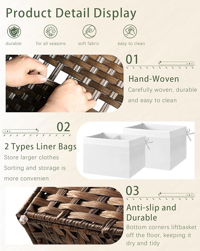 Storage Basket with Lid Rattan Storage Basket with 2 Separate Lid, 27.8 Gallon (105 L) 25.2 * 15.4 * 16.1 Inches Woven Wicker Baskets with 2 Liners and Handles for Bedroom Laundry-Brown