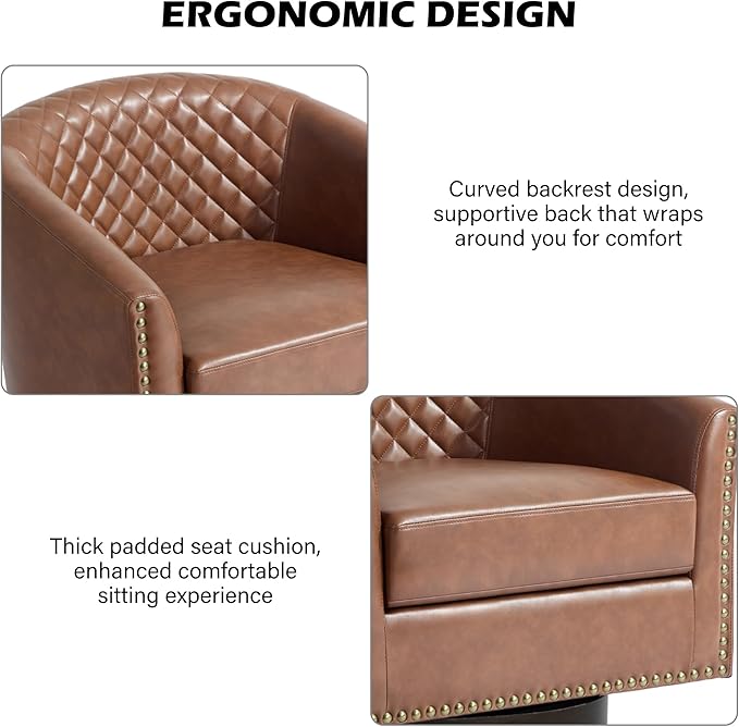 Swivel Barrel Accent Chair, Comfy Modern Upholstered Round Faux Leather Arm Chair for Living Room, Bedroom（Brown, Set of 4