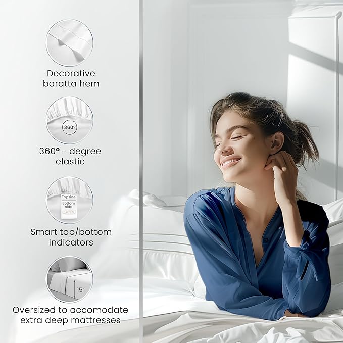 CHATEAU HOME COLLECTION 100% Cotton Sheets Queen Size Set - Certified 1000 Thread Count Breathable Soft & Comfy Sateen Weave, Machine Washable, 15" Deep Pocket Queen Sheet Set - White Sheets