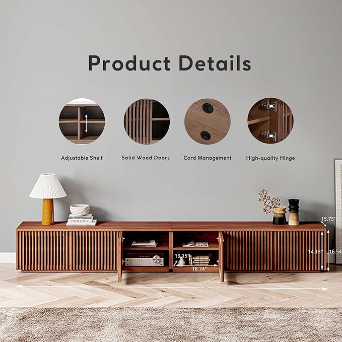 POVISON Full Assembled Mid Century Modern TV Stand, 118” Extra-Large Entertainment Center for 100 inch TV, Wood Slatted TV Media Console with Storage for Living Room Bedroom