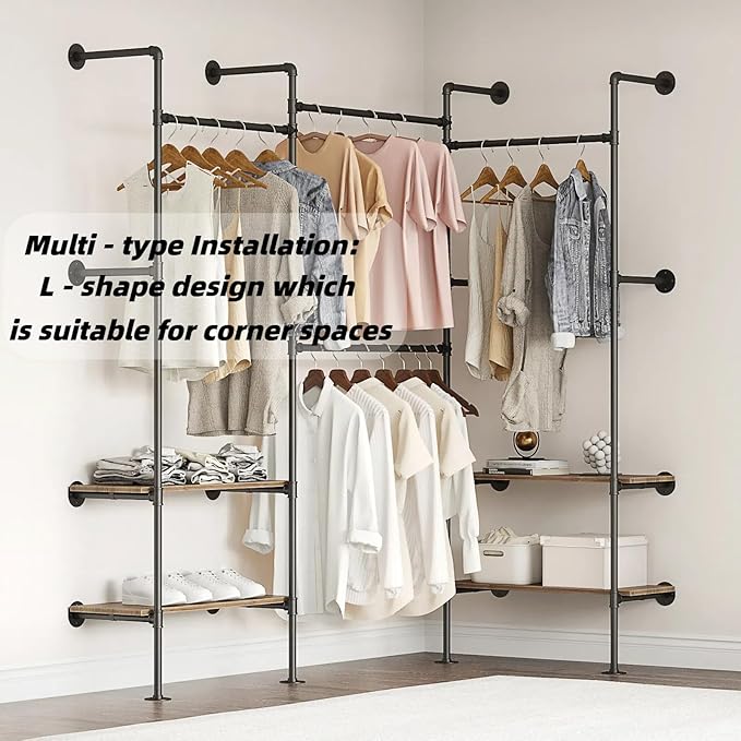 Industrial Pipe Clothing Rack, Wall Mounted Clothes Rack for Hanging Clothes, Retail Display Rack with Shelves, Add Corner installation Method (Black, III-2Tier)