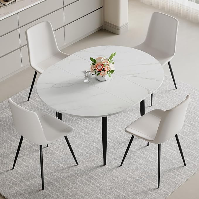 42"-54" Extendable Dining Room Table Set for 4, Oval-Round Dining Table Set for 4, White Kitchen Table with Upholstered Chairs Set of 4, 5 Piece Dining Table Set for Small Spaces, Easy Assembly