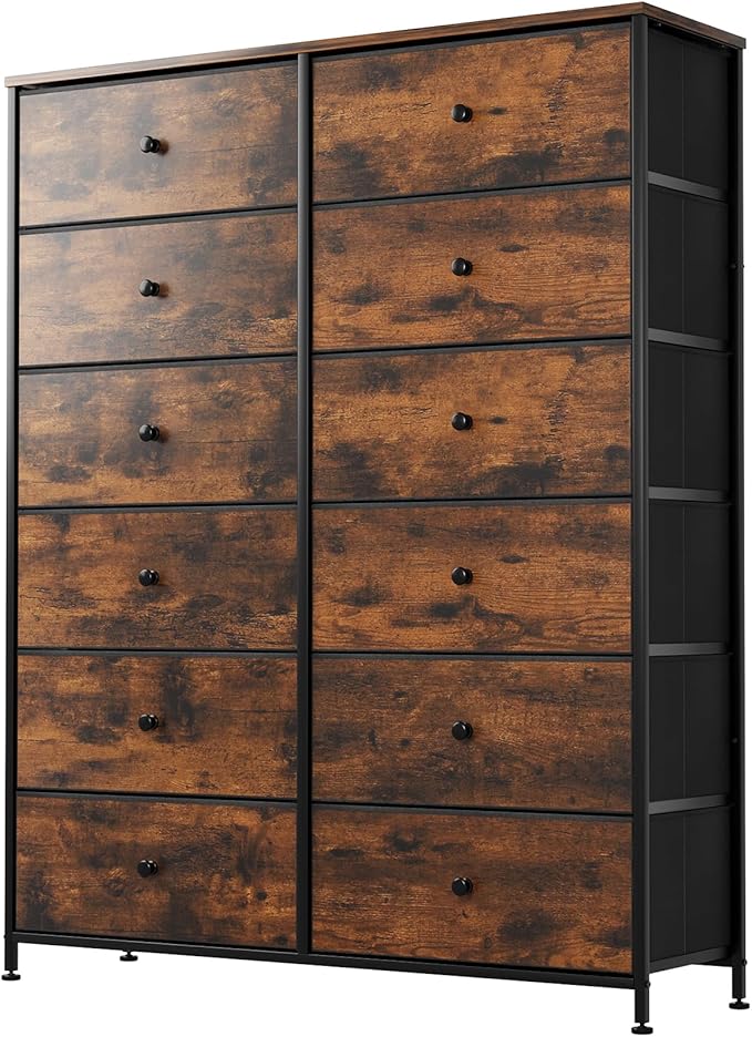 Arlopu 12-Drawer Dresser, 35.2’‘ Widened 6-Layer Fabric Storage Tower w/Textured Print Fabric Bins, Tall Chest Organizer Unit for Living Room, Hallway, Nursery, Closets, Adjustable Feetpad