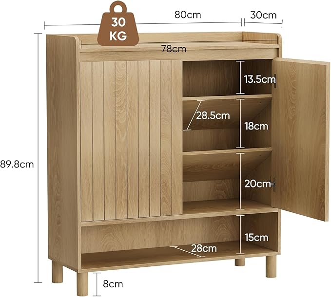 Shoe Cabinet for with Line Grooved Doors, 5-Tier Wooden Shoe Organizer Cabinet for Entryway, Hallway, Closet, Living Room, Natural Oak