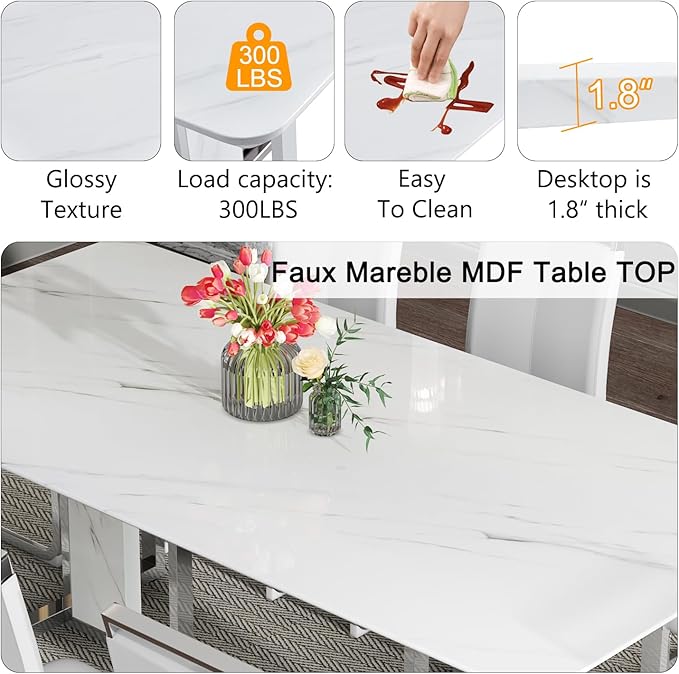 79'' Modern Dining Table Set for 10,White Kitchen Table Set,Luxury Dining Table Set with 1.8-inch Thick Faux Marble Table Top＆10 Pu Leather Upholstered Chairs Ideal for Dining kicken Room