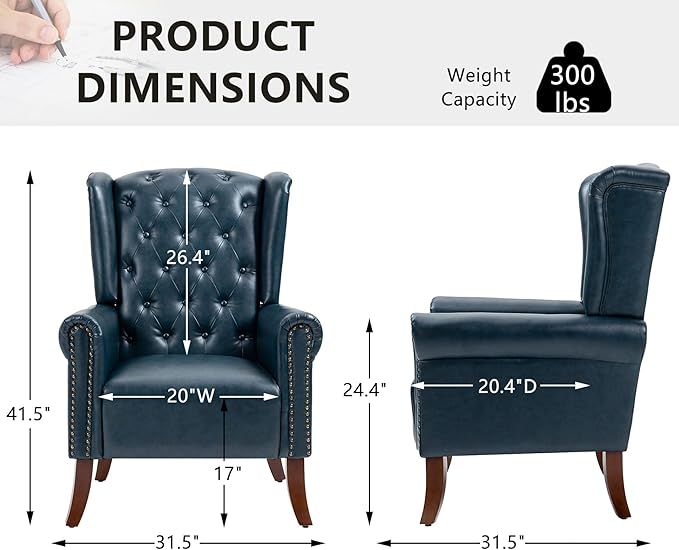 MOJAY Modern PU Leather Accent Chair, Living Room Lounge Sofa Chair with Buttons, Single Club Armchair with Rivet Trim for Bedroom Home Reception (DarkBlue)