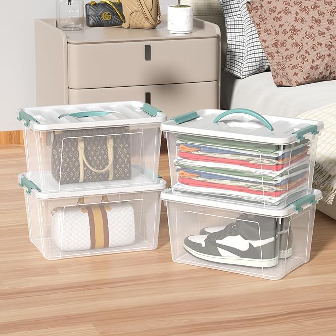 14 Quart Stackable Storage Bin with Latching Lid, Plastic Container Box to Organize Office, Crafts, Clear Base and White Lid, 8-Pack