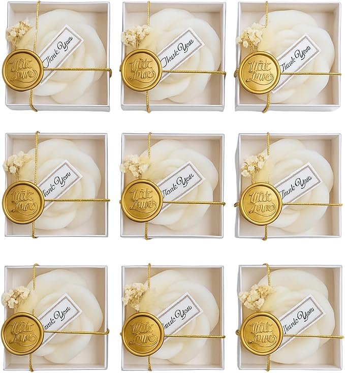 Handcrafted Rose Shaped Scented Soy Wax Candle Favors with Seal Wax and Dried Flowers - Personalized for Weddings, Bridal Showers, Baby Showers, Birthdays (10-20-30-40-50-100 PCS in Bulk)