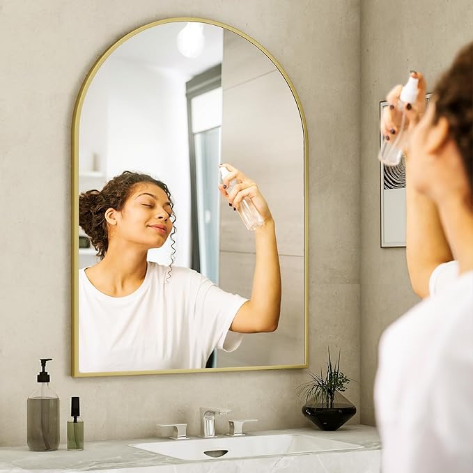 Arch Bathroom Mirror, 20x30 inch Arched Bathroom Mirror/Wall Mounted Vanity Mirror - Arch Metal Frame Wall Mirror for Bathroom Bedroom Living Room, Gold