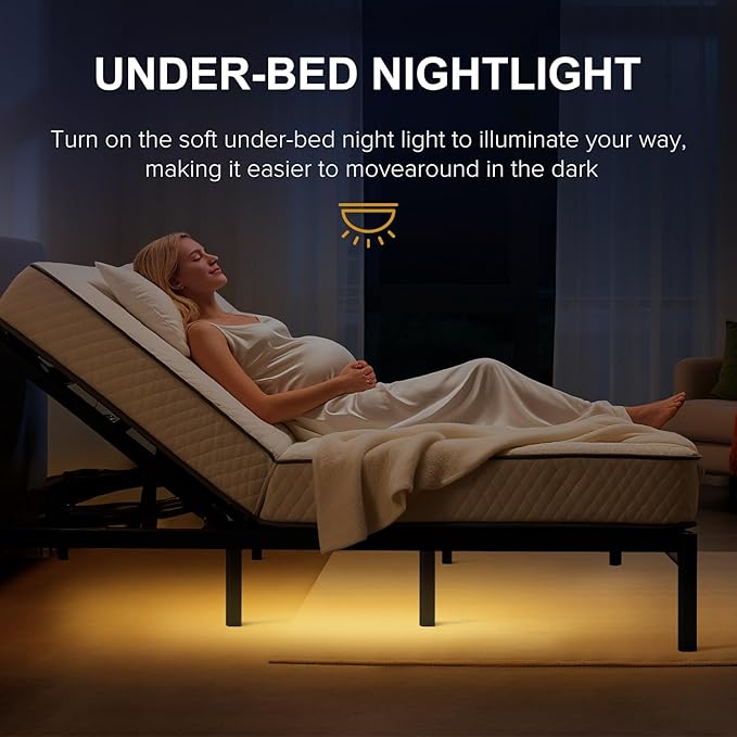 KEIKI Twin XL Adjustable Bed Frame with Remote Control, Massage Function, USB Charging Ports & LED Night Light – 4 Height-Adjustable Legs – Compatible with Adjustable Base – Black