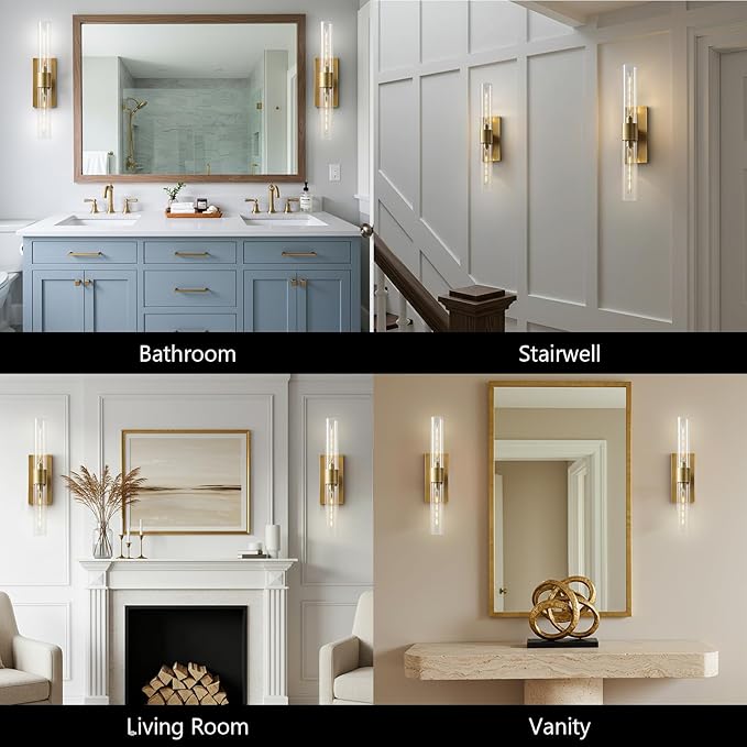 Brass Wall Sconce Light, 2-Light Bathroom Vanity Light Over Mirror, 22.8" Gold Dimmable Indoor Wall Sconce with Glass Tube, Horizontal or Vertical Linear Wall Lighting for Living Room