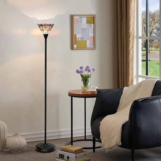 Tiffany Stained Glass Torchiere Floor Lamp Tiffany Style Standing Corner Light Antique Handcrafted Pole Floor Reading Uplight Lamp (Bulb Include)