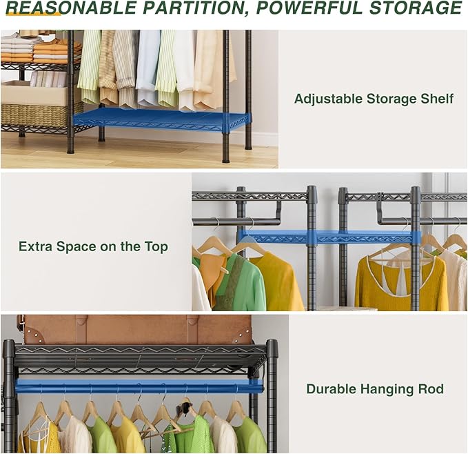 LEHOM G6M Heavy Duty Clothes Rack for Hanging Clothes, Portable Garment Rack Compact Size Closet Organizer, Freestanding Metal Clothing Rack Wardrobe Closet with Storage Shelves for Bedroom(Medium)