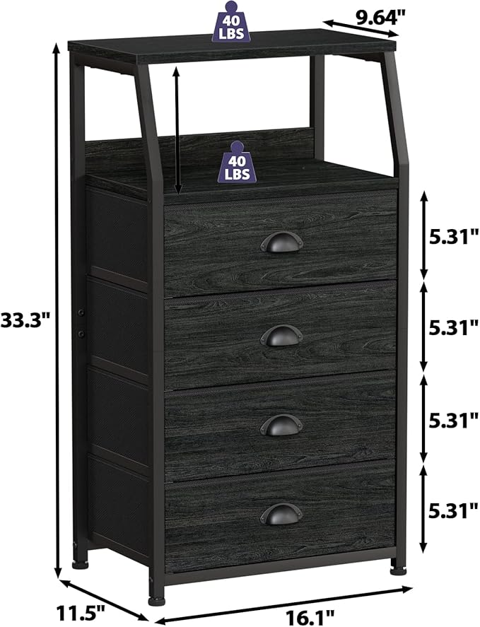 Furnulem Tall 4 Drawers Dresser, Vertical Storage Tower Black Dresser for Bedroom, Hallway, Entryway, Nursery, Closet Organizer, Nightstand Bedside Table Furniture, Sturdy Steel Frame, Wood Top