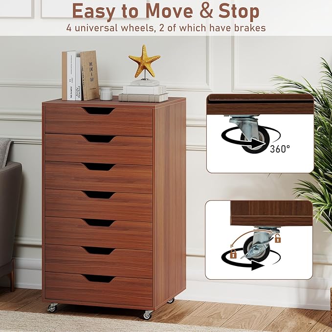 LOKO 7-Drawer Storage Cabinet, Versatile Drawer of Chest with Lockable Wheels, Mobile Office Lateral File Cabinet, for Home Office, Study (Walnut, 16" D x 19.5" W x 34.5" H)