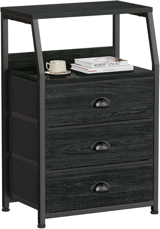 Furnulem Black Night Stand, Small Dresser for Bedroom, Nightstand with 3 Fabric Storage Drawers and 2-Tier Shelf, End Table Side Furniture for Closet, Hallway, Nursery, Sturdy Steel Frame, Wood Top