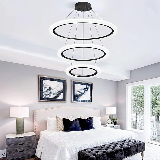 Modern LED Chandelier, 3 Ring Chandelier for Dining Room Living Room Pendant Lighting Fixture High Ceiling Hanging LED Pendant Ceiling Light Fixture for Bedroom Foyer （Black）