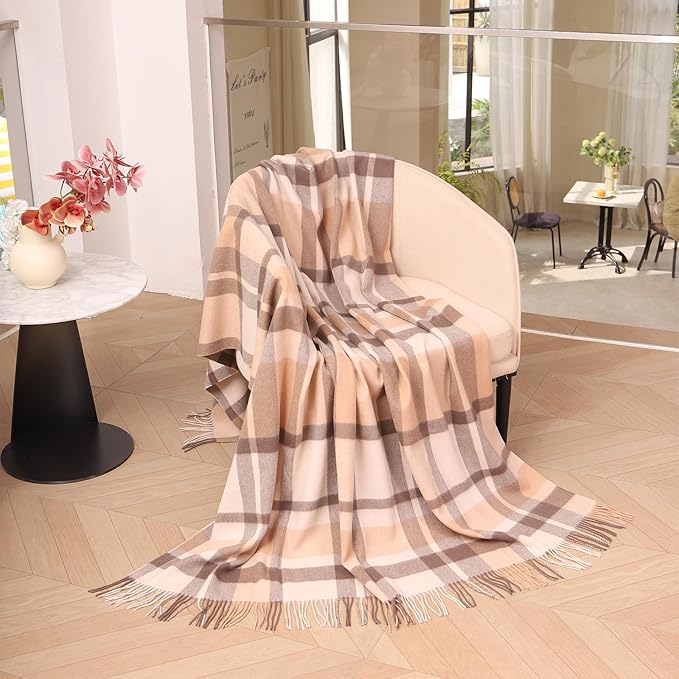 Beige Plaid Throw Blanket for Couch,100% Wool Throw Blanket for Home Decor, Soft Lightweight Cozy All Season Decorative Vintage Blankets for Travel,Bed, Sofa, Chair, Outdoor 55"x83"/1.5LBS