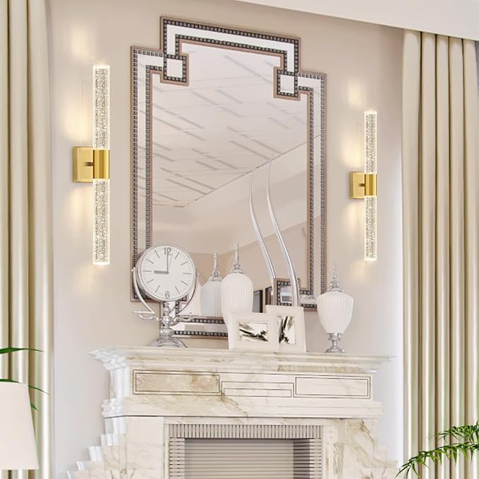 Brushed Gold LED Wall Sconces Set of 2 with LED Warm Light Interior Glam Crystal Wall Light, Hardwired