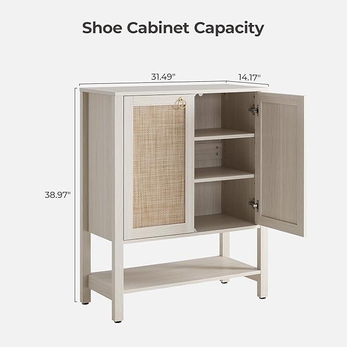SICOTAS Rattan Shoe Cabinet with Storage - 5 Tier Farmhouse Boho Shoe Organizer Storage Cabinet with Shelves & Doors, Tall Shoe Rack Cabinet for Entryway, Living Room, Closet (White Cream Oak)