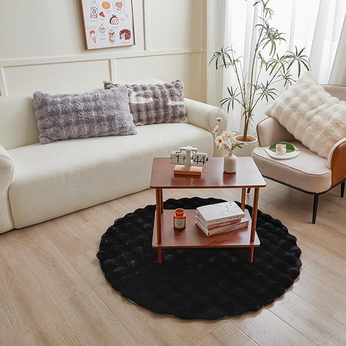 chovy Black Round Faux Fur Area Rug, 4'X4', Modern Style, Machine Made, Grid Pattern, 2 Inch Pile Height, Indoor Use Only