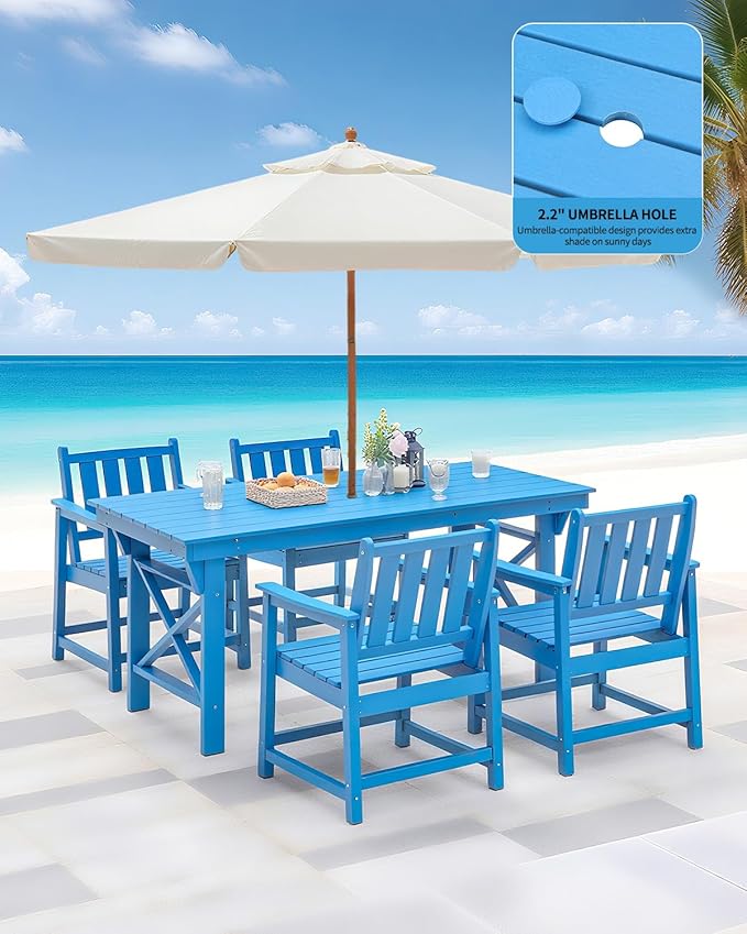 QUASCO 5-Piece Patio Table Set, Outdoor HDPE Dining Furniture Set with Umbrella Hole All Weather Table and 4 Chairs for Lawn, Garden, Poolside, Backyard, Blue