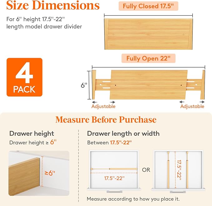 Lifewit 4 Pack 6" Deep Bamboo Drawer Dividers, 17.5-22" Expandable Drawer Organisers for Clothes, Adjustable Dresser Drawer Divider, Clothing Drawers Separators for Dresser, Bedroom, Bathroom, Office
