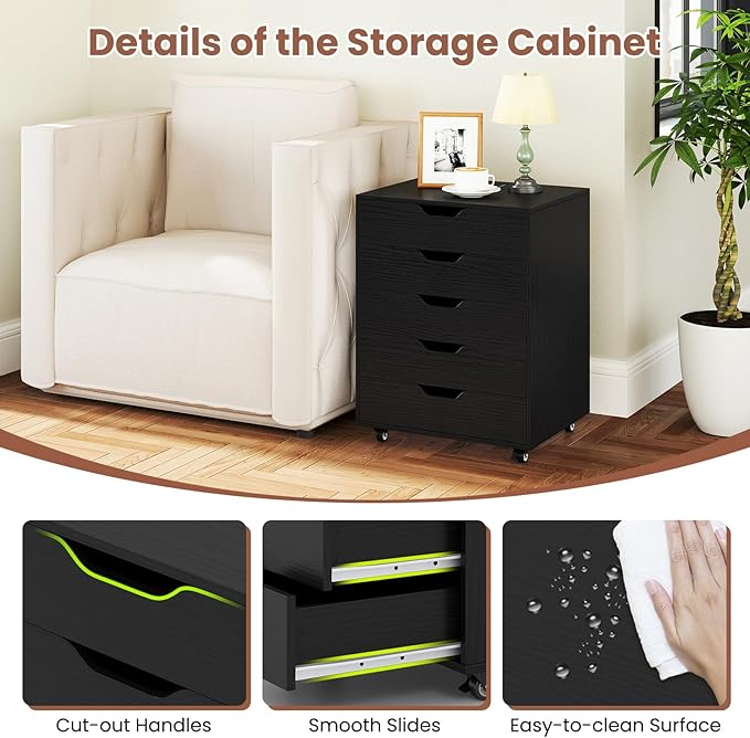 LOKO 5-Drawer Storage Cabinet, Versatile Drawer of Chest with Lockable Wheels, Mobile Office Lateral File Cabinet, for Home Office, Study (Black, 16" D x 19.5" W x 25.5" H)