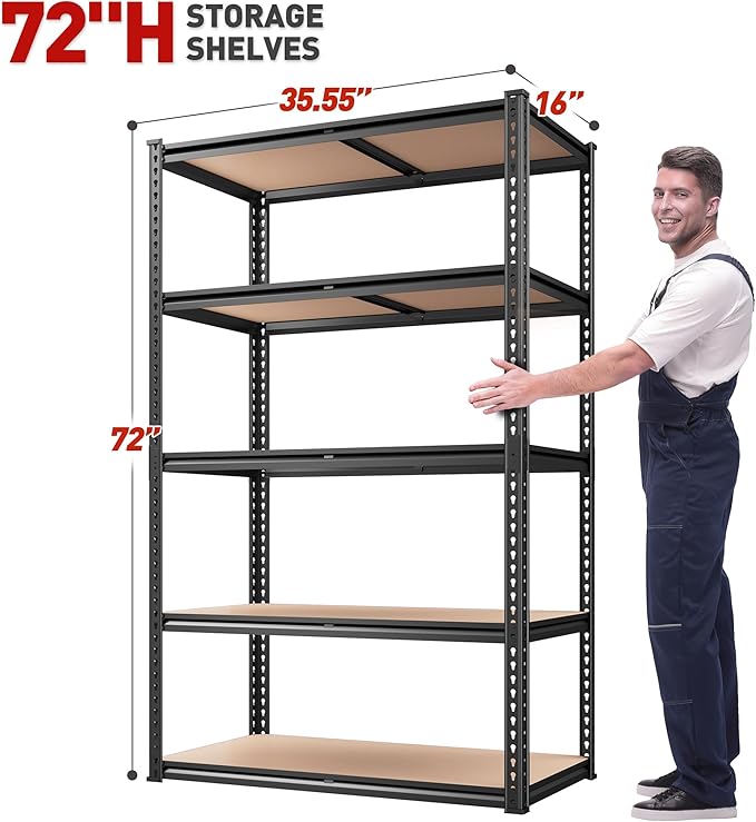 REIBII 2020LBS Storage Shelves 5 Tier Garage Shelving Heavy Duty, Adjustable Metal Shelving, Garage Shelves for Basement, Warehouse, Pantry, Closet, Kitchen 72" H x 35.55" W x 16" D, Black, 4 Pack