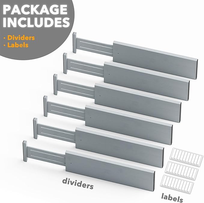 SpaceAid Bamboo Dresser Drawer Dividers 6 Pack, 4.65“ High Adjustable 17“-22” Drawer Organizers, Expandable Organization for Clothing, Clothes, Dressers, Gray