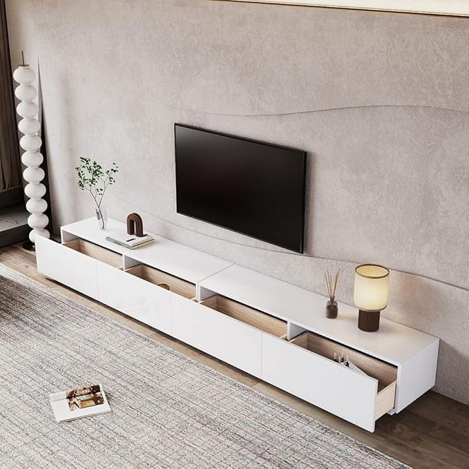 POVISON 118" Modern Solid Wood TV Stand with Storage, Fully Assembled, Large Entertainment Center 4 Drawers, TV Media Console Living Room TV Stand White
