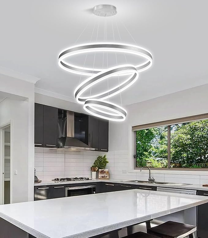 Modern LED Dimmable Chandeliers for Dining Room 3-Rings High Ceiling Chandelier for Living Room Adjustable Pendant Light Flush Mount Light Fixture for Foyer Entryway Bedroom |Silver