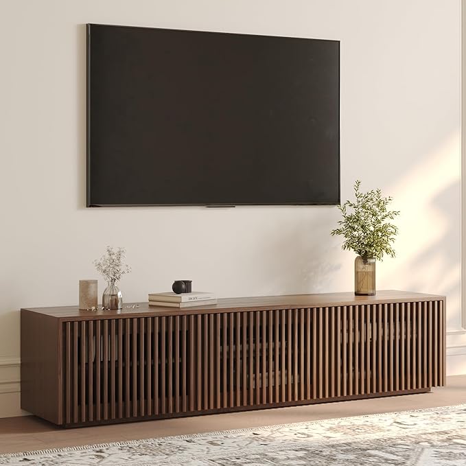 POVISON Full Assembled Mid Century Modern TV Stand, Wood Slatted Media Console for 65 inch TV, Entertainment Center with Storage for Living Room, Low Cabinet with Removable Shelves