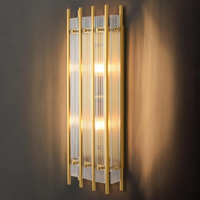 Modern Brass Wall Sconce,25in Grand Rectangular Ribbed Glass Wall Sconces,Indoor Hardwired Gold Wall Sconces for Large Spaces,for Living Room,Hallway,Stairway Sconces Wall Lighting,Included E12 Bulbs