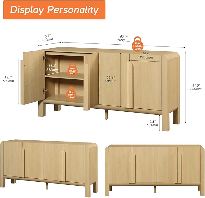 WAMPAT Modern TV Stand for TVs Up to 75 inches, 63" W Farmhouse Entertainment Center with Adjustable Shelf and 4 Doors, Media Console Table TV Cabinet for Living Room, Oak