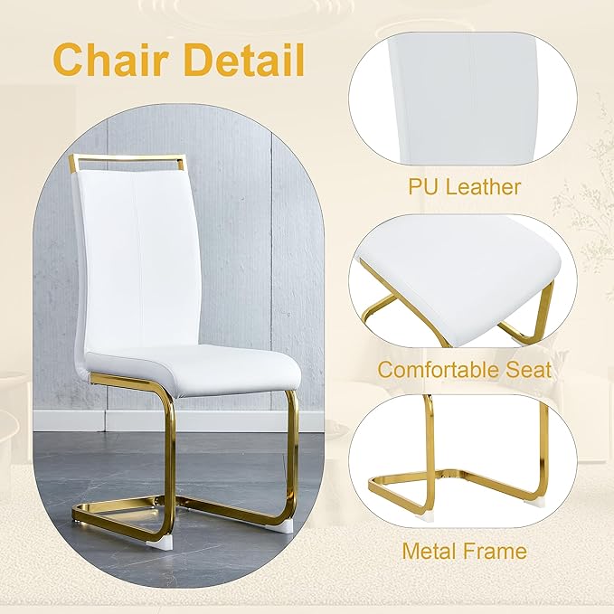 JUFU Dining Table Set for 10, 79'' Dining Table for 8-10 People with Faux Marble Tabletop and Sturdy Leg, White Rectangle Kitchen & Dining Room Sets with 1162-White PU Chairs, Perfect for Kitchen