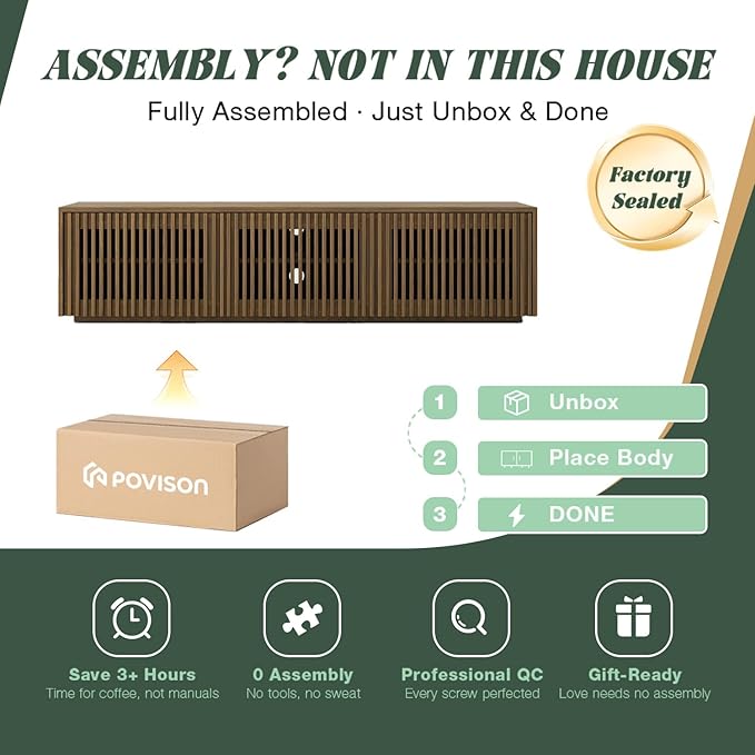 POVISON Full Assembled Mid Century Modern TV Stand, Wood Slatted Media Console for 65 inch TV, Entertainment Center with Storage for Living Room, Low Cabinet with Removable Shelves