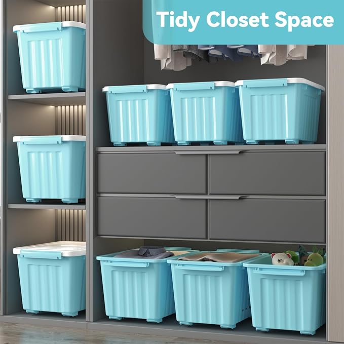 Nazhura 72 Quart Plastic Storage Bin, Stackable and Nestable Storage Boxes with Lids and Secure Latching Buckles, Large Storage Container (Blue, 72Quart-4Pack)