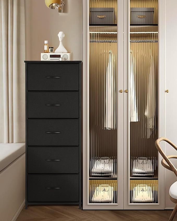 Dresser for Bedroom, Fabric Tall Dresser & Chests of Drawers with 5 Drawers, Vertical Organizer Storage Tower Unit for Bedroom, Hallway, Entryway White