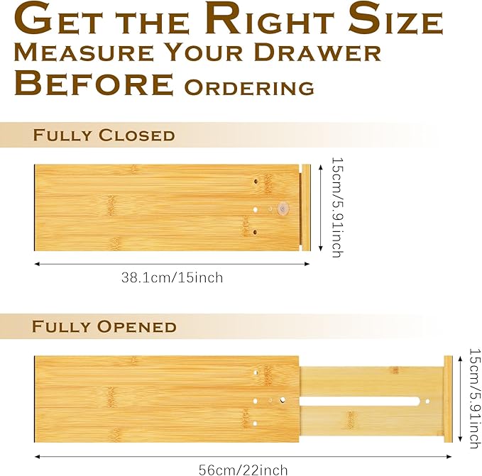 4 Pcs Deep Bamboo Drawer Dividers, Deep Kitchen Dresser Drawer Organizer with Spring Loaded for Clothes, Adjustable Expandable from 15-22 Inch(6 Inch,Wood Color)
