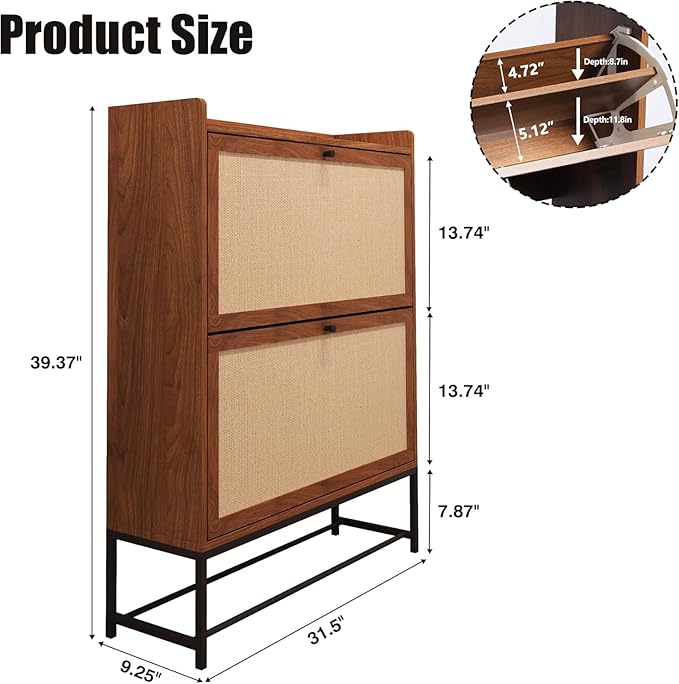 Narrow Shoe Cabinet with 2 Flip Drawers, Freestanding Shoe Organizer with Linen Doors, Slim Shoe Storage Cabinet Storage, Wooden Closed Shoe Rack for Entryway, Hallway, Living Room (Walnut)