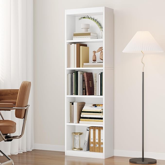 5-Tier Bookcase,Open Storage Shelf,Narrow Tall Book Shelf,Freestanding Display Storage Shelves Suitable for Home Office,Living Room and Bedroom,White