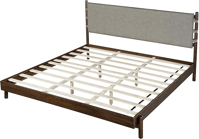 King Size Platform Bed Frame with Headboard, Premium Rubber Wood Mid Century Modern Bed, Sturdy Slat Support, Easy Assembly (Mattress Not Included) (Light Walnut, King)