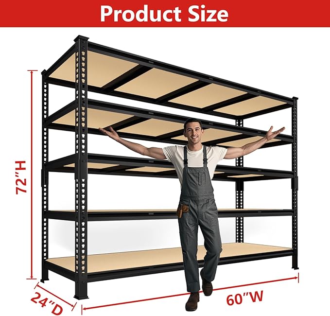 PrimeZone 60" W X 24" D X 72" H Heavy Duty Garage Storage Shelves - Adjustable Metal Shelving Unit, 5 Tier Industrial Shelves for Storage Standing Utility Rack for Warehouse, Basement, Black, 3 Pack