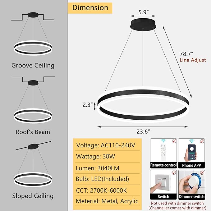 D23.6'' Modern Ring Chandelier for Dining Room LED Dimmable Pendant Lighting High Ceiling Chandelier for Living Room Foyer Bedroom Entryway 3000K-6000K Black