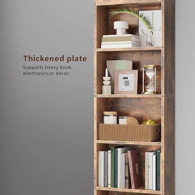 5-Tier Bookcase, Open Storage Shelf, Narrow Tall Book Shelf, Freestanding Display Storage Shelves Suitable for Home Office, Living Room and Bedroom, Rustic Brown
